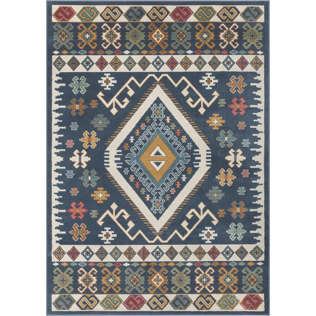 Caucasian-Style Rug – Dark Blue Base with Geometric Patterns