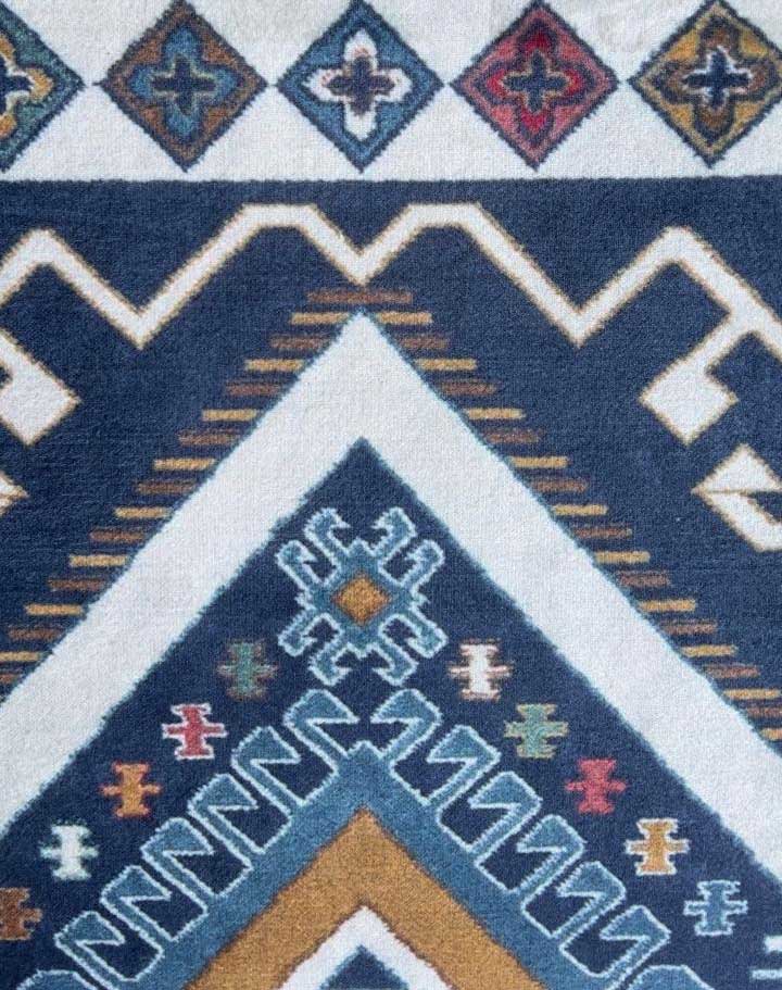 Caucasian-Style Rug – Dark Blue Base with Geometric Patterns