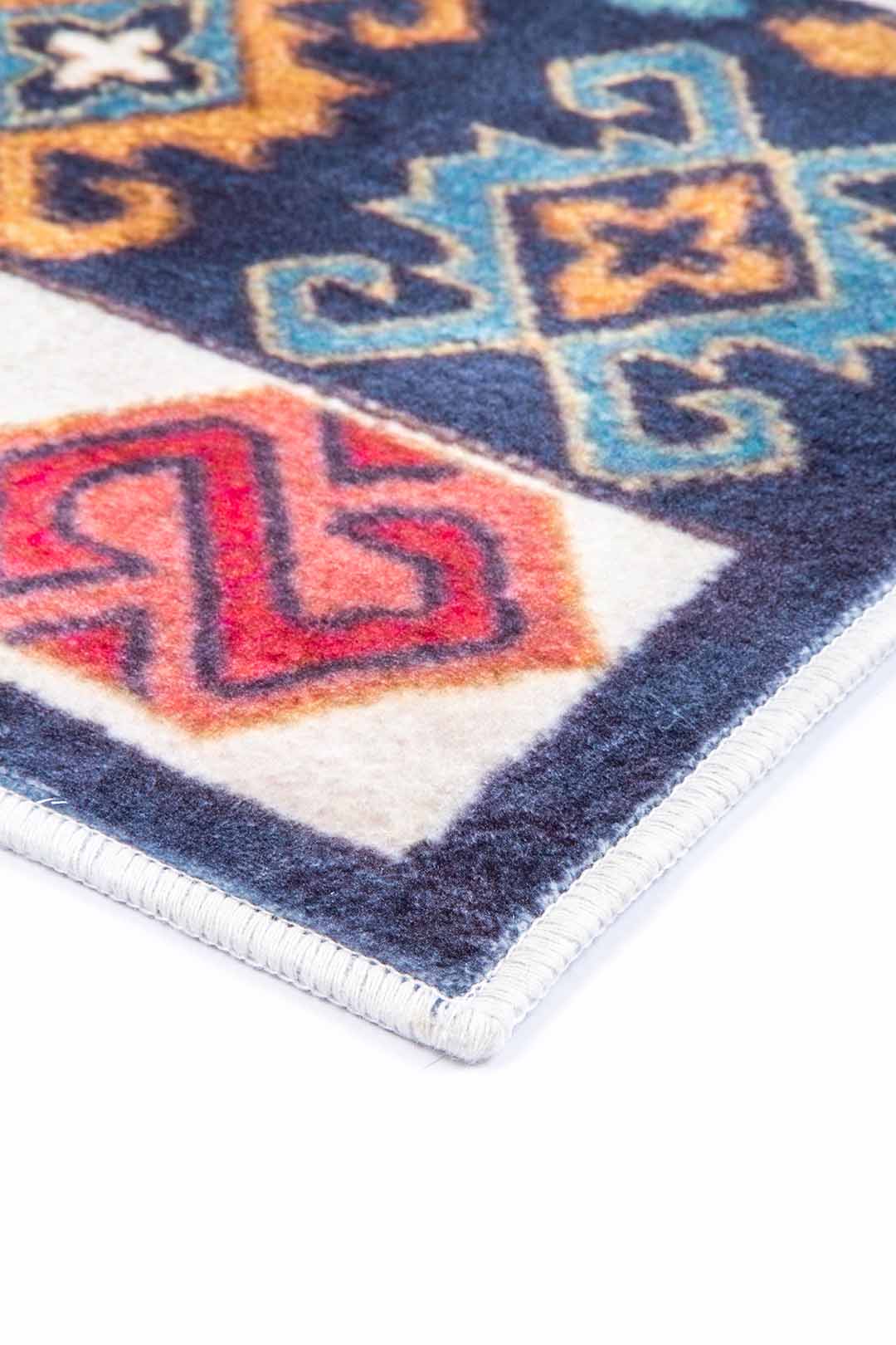 Caucasian-Style Rug – Dark Blue Base with Geometric Patterns
