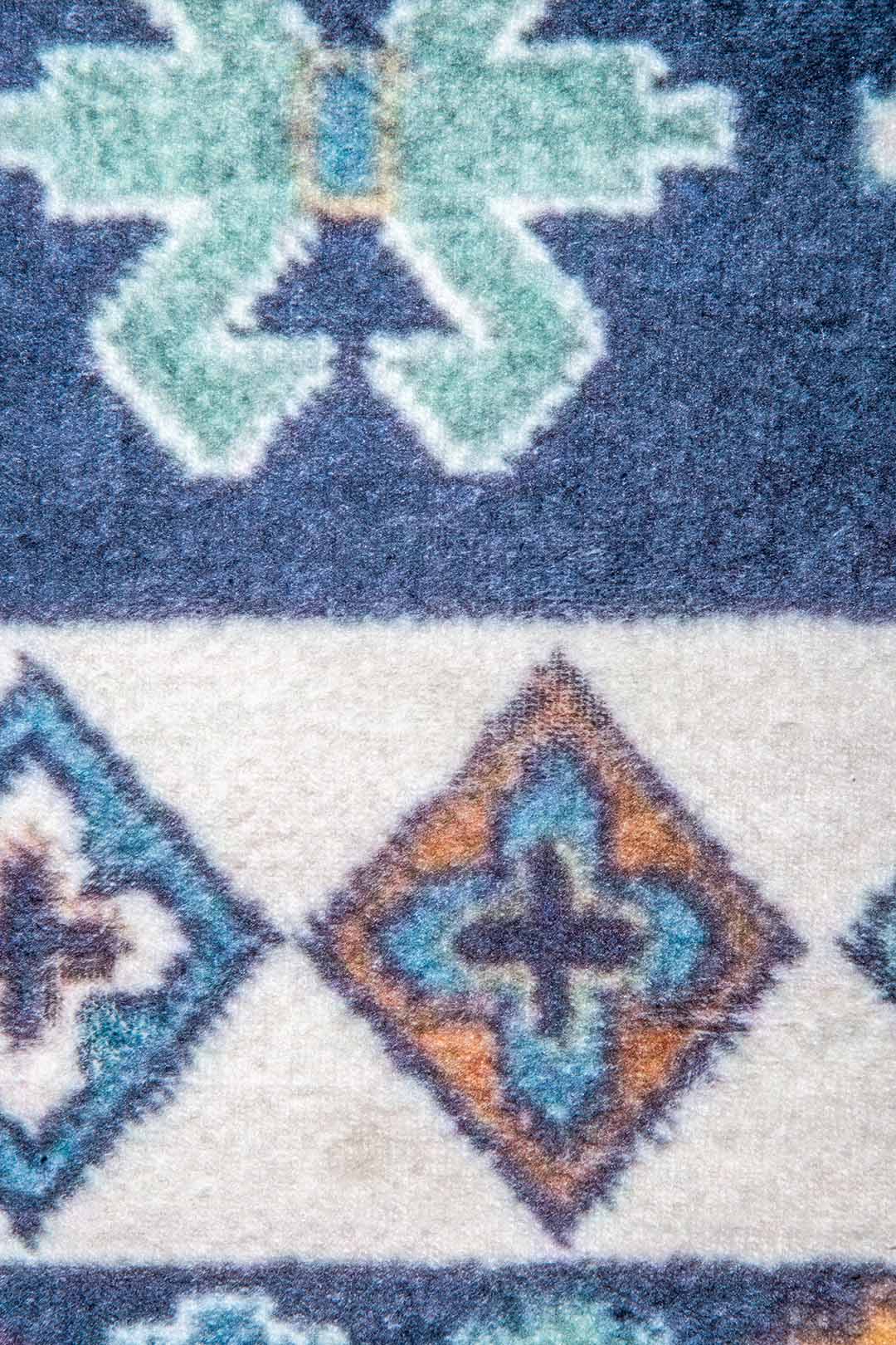 Caucasian-Style Rug – Dark Blue Base with Geometric Patterns