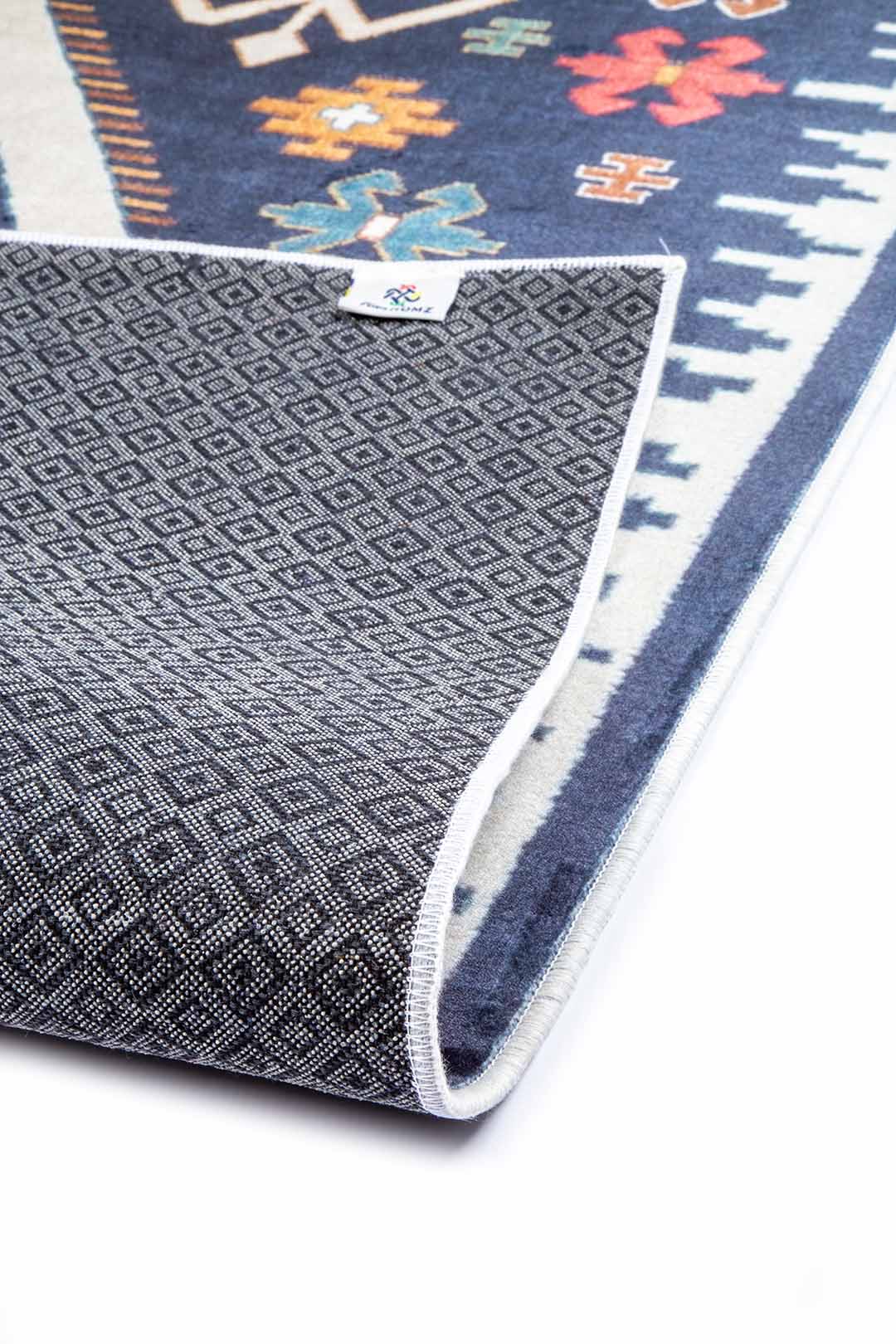 Caucasian-Style Rug – Dark Blue Base with Geometric Patterns