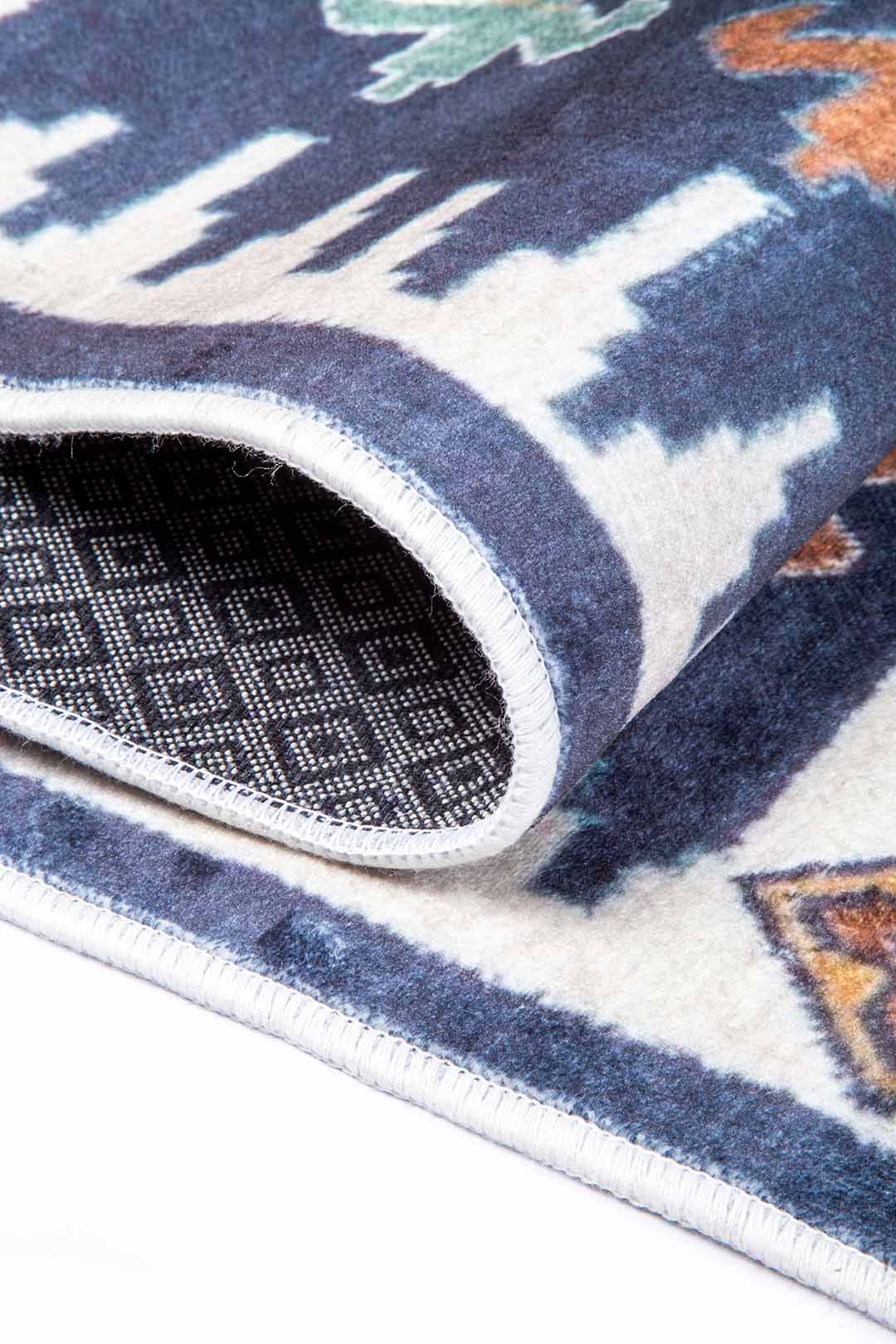 Caucasian-Style Rug – Dark Blue Base with Geometric Patterns