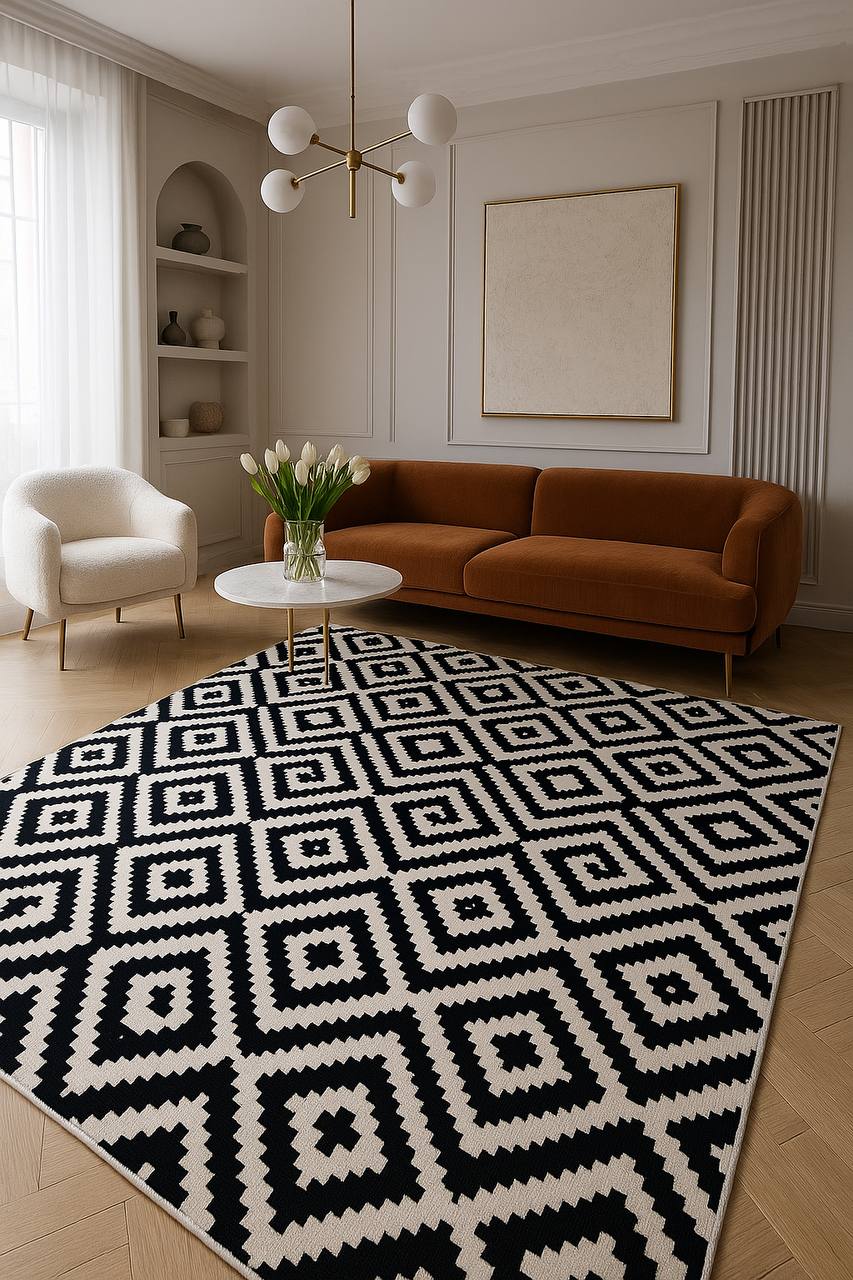 Dina geometric black and white soft and shinny carpet