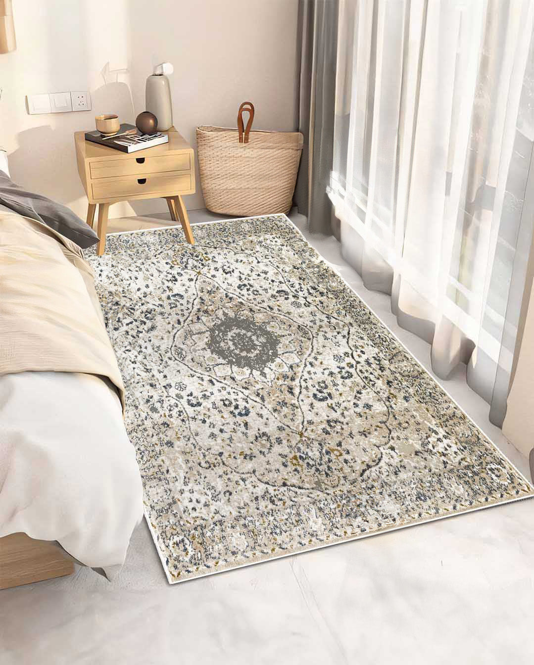 Queen vintage beige floral soft and shinny carpet