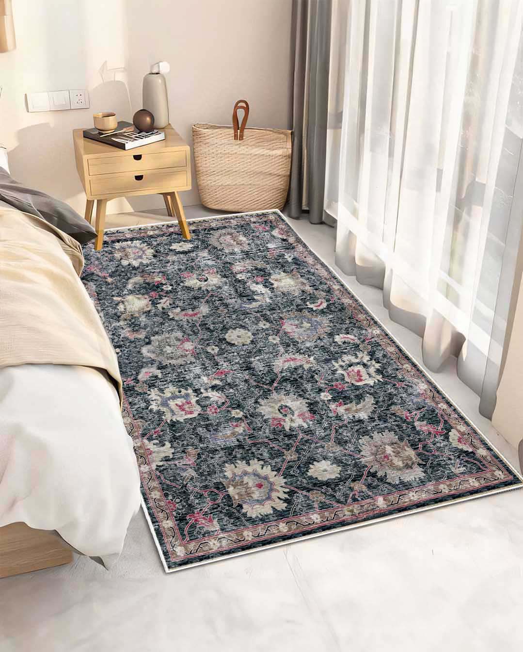 Zahya dark gray floral soft and shinny carpet