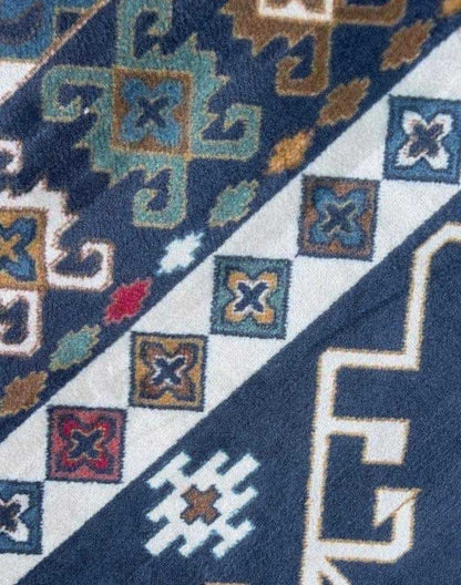 Caucasian-Style Rug – Dark Blue Base with Geometric Patterns
