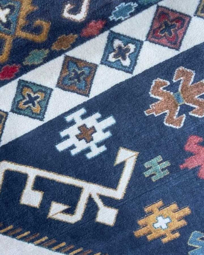 Caucasian-Style Rug – Dark Blue Base with Geometric Patterns