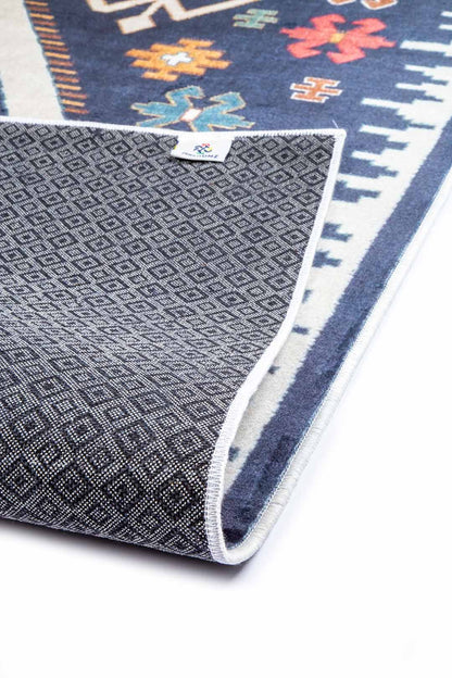 Caucasian-Style Rug – Dark Blue Base with Geometric Patterns