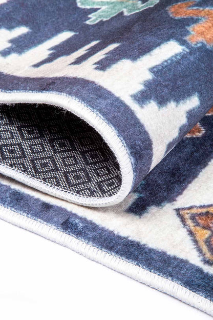 Caucasian-Style Rug – Dark Blue Base with Geometric Patterns